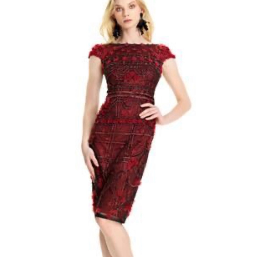 THEIA Red & Black Beaded Floral Evening Dress